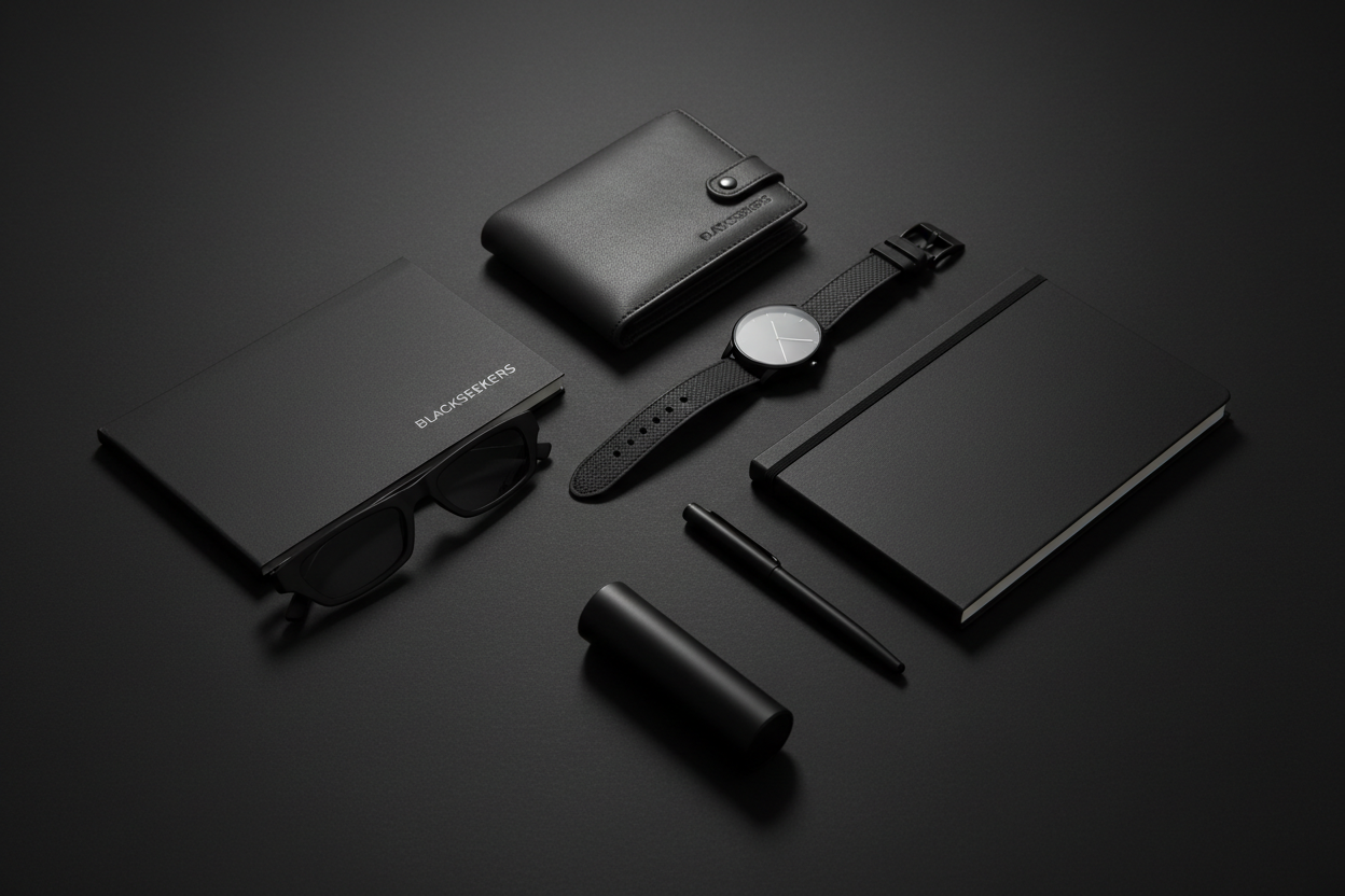 Premium lifestyle branding image for Blackseekers featuring minimal everyday essentials on dark black backgrounds, soft shadows, matte textures, and elegant lighting. Clean, modern, luxury aesthetic.